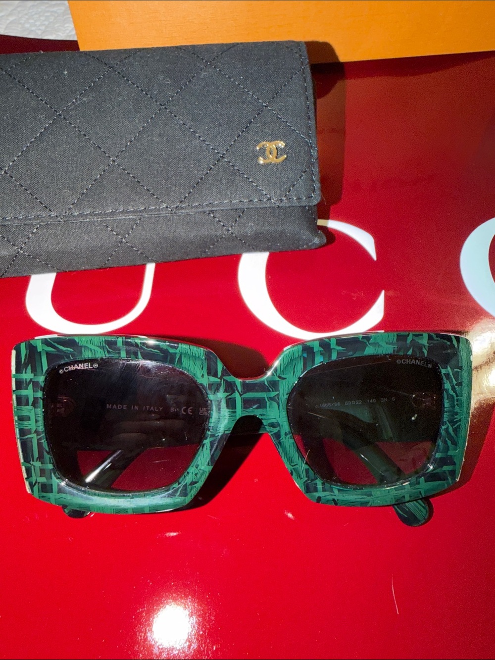 CHANEL Green Patterned Rectangular Sunglasses with Dark Lenses - Picture 2 of 3